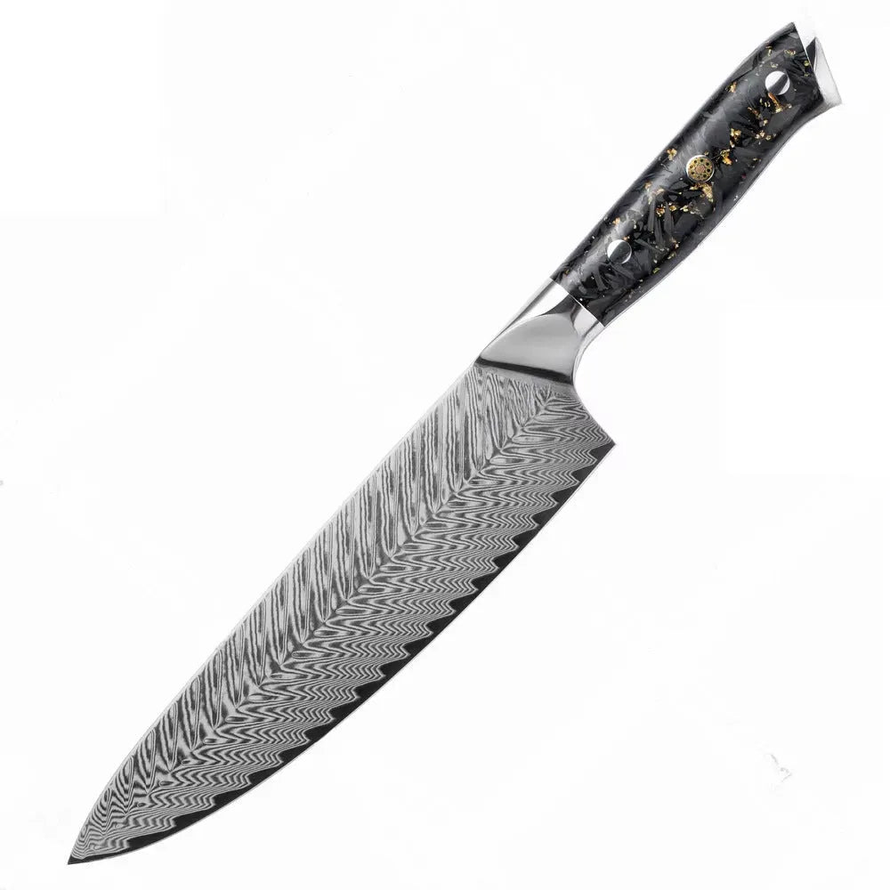 Eight-piece Damascus style kitchen knife set with fishbone pattern and steel core including fruit steak and chef knives