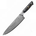 Eight-piece Damascus style kitchen knife set with fishbone pattern and steel core including fruit steak and chef knives