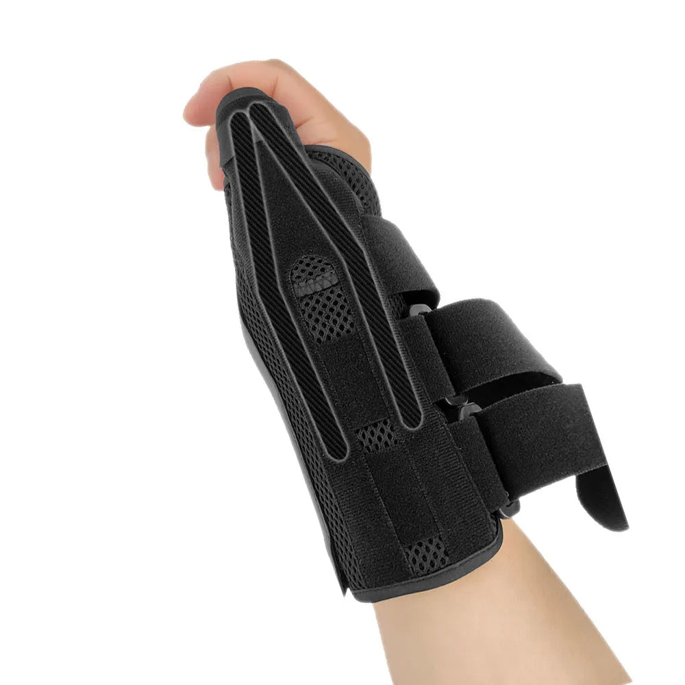 Black carbon fibre sports wrist guard with thumb strap and grey edging for left or right hand wear