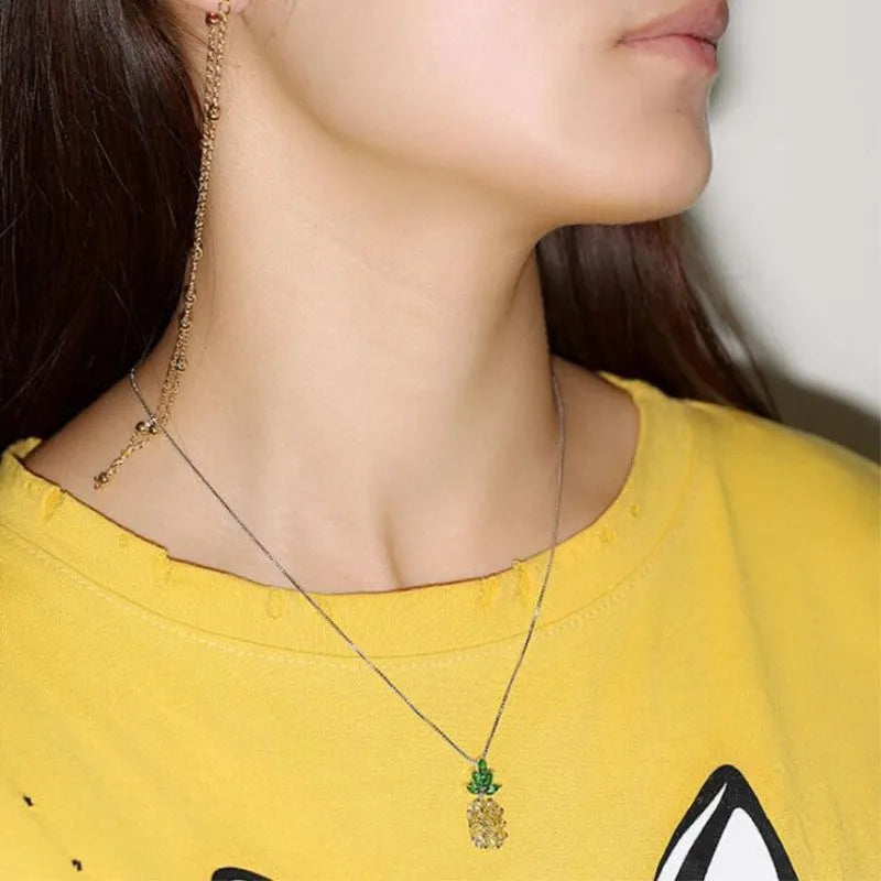 Geometric pineapple diamond pendant necklace on silver plated chain with copper white gold finish