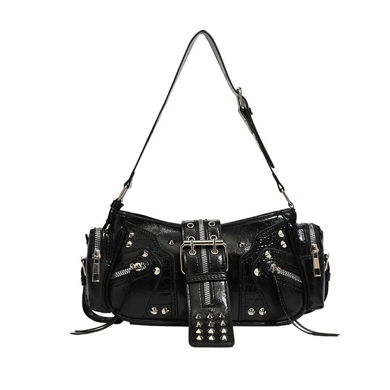 Black retro-style dumpling handbag with three-dimensional pockets and multiple interior organisers