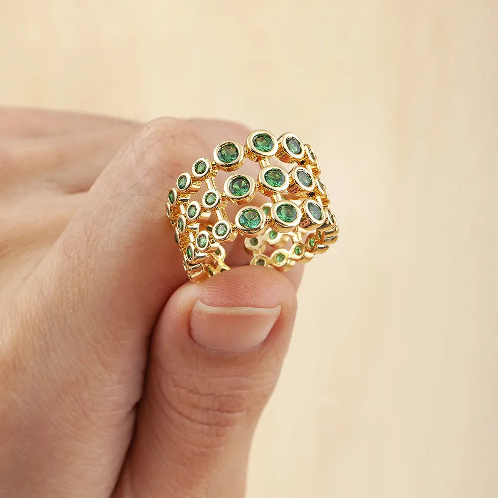 Copper gold plated three-layer wide ring with zircon details, exaggerated construction