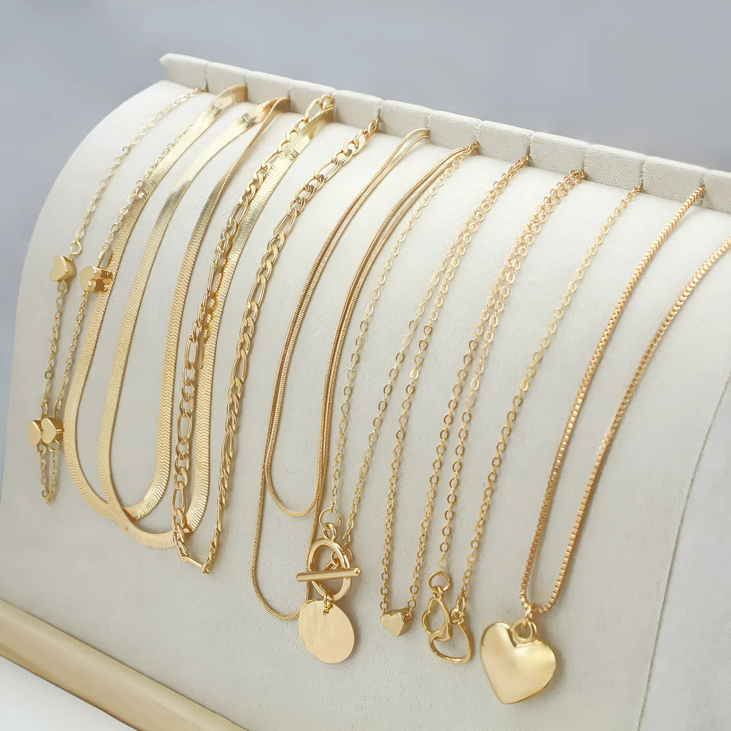 Gold electroplated women's necklace set with 10 pieces and adjustable 21-50cm length
