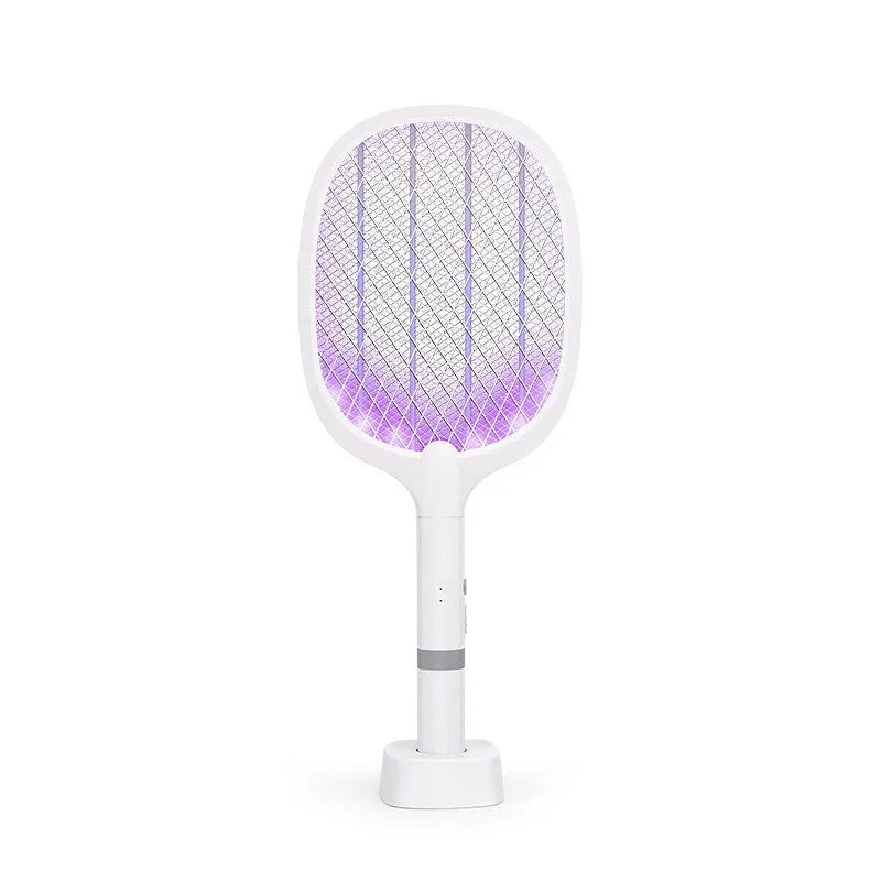 Blue rechargeable electric mosquito swatter with double metal mesh grid for insect elimination
