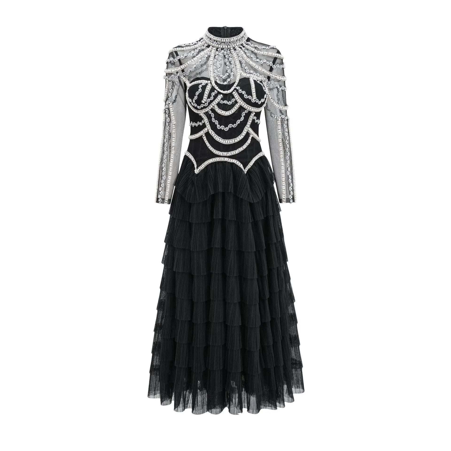 Women's long sleeve beaded dress in polyester fabric with mid waist design