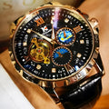 Men's automatic watch with black hollow dial, rose gold case, and leather strap