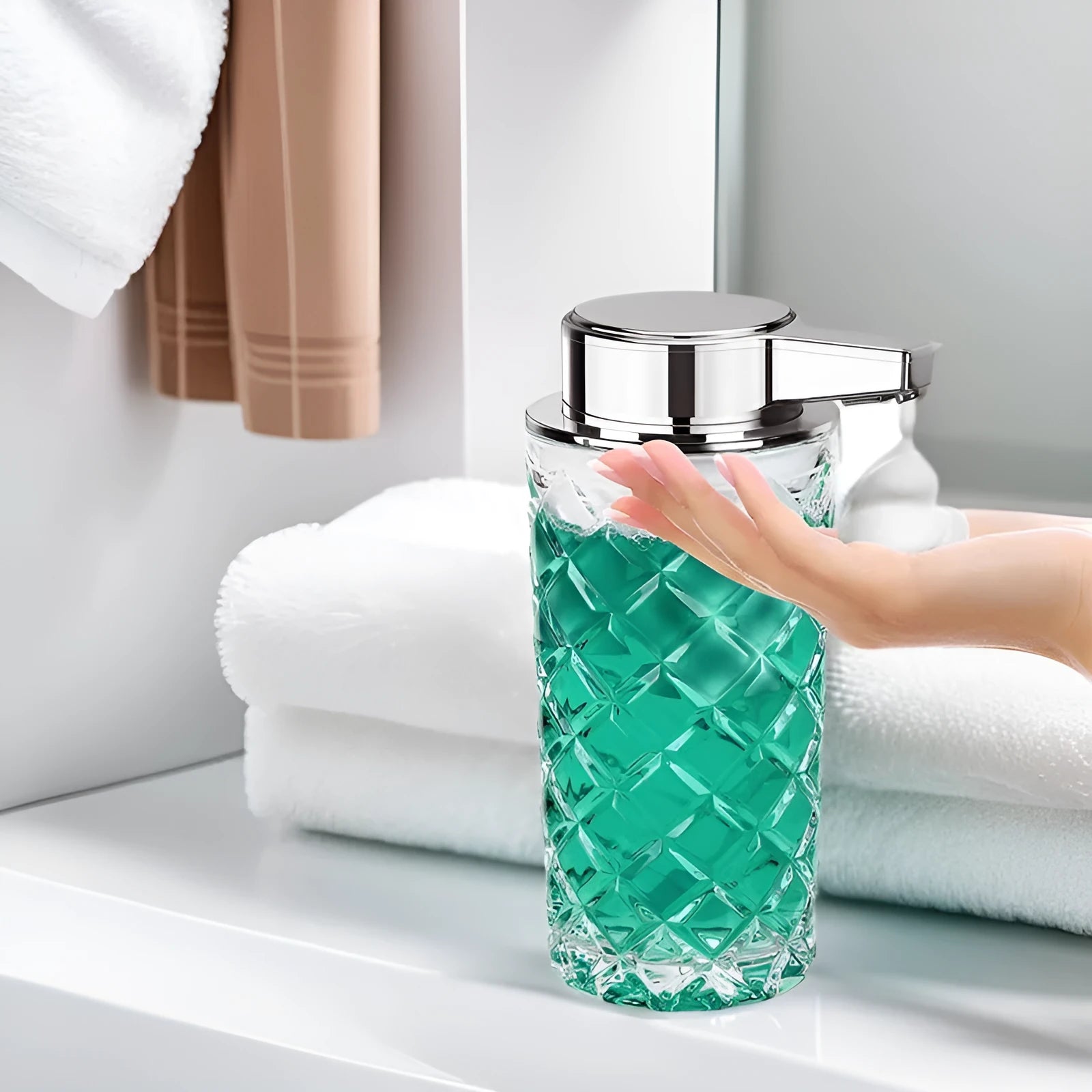 Silver automatic sensor soap dispenser with USB-C charging port on a bathroom countertop.