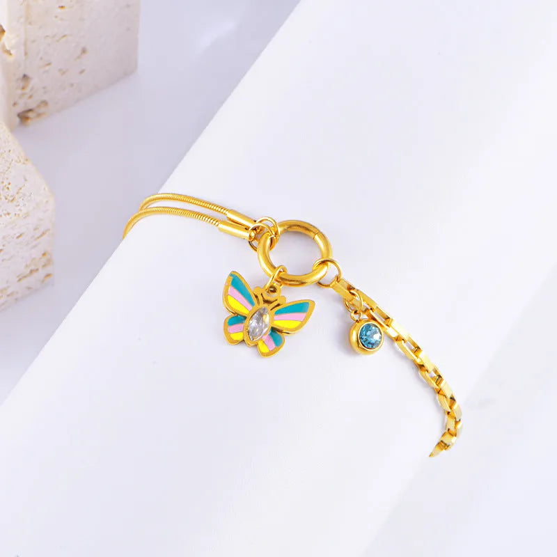 Gold titanium steel butterfly pendant necklace and bracelet set with snake bone chain style for women