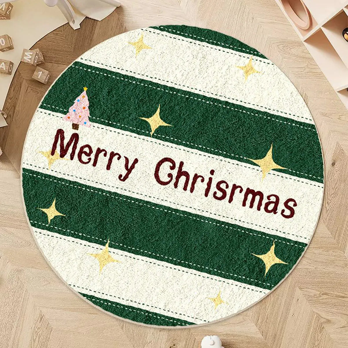 Alien-shaped round Christmas floor mat with cashmere-like texture in holiday patterns