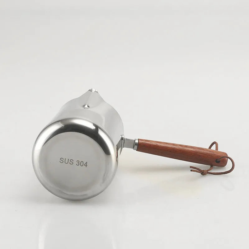 Stainless steel coffee cup with wooden handle and garland pattern design