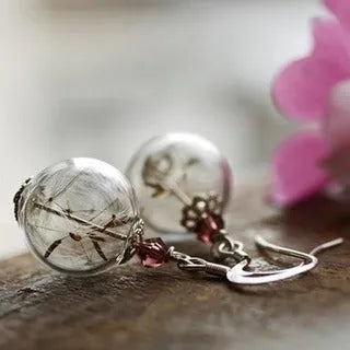 Transparent glass ball earrings with dandelion seed design on a French hook