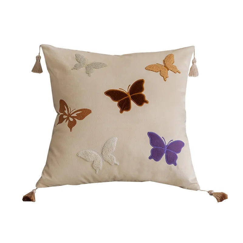Square cushion with Chinese style butterfly embroidery in beige, black, and purple colours