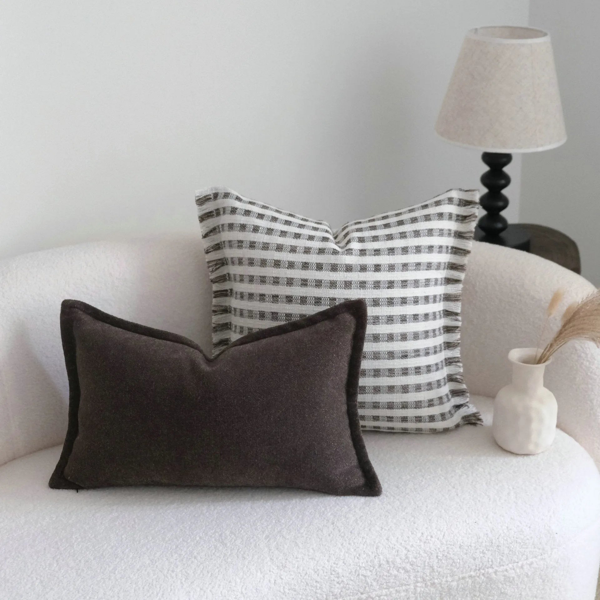 Coffee brown Chinese classical stripe pattern decorative cushion in 30x50cm and 45x45cm sizes.