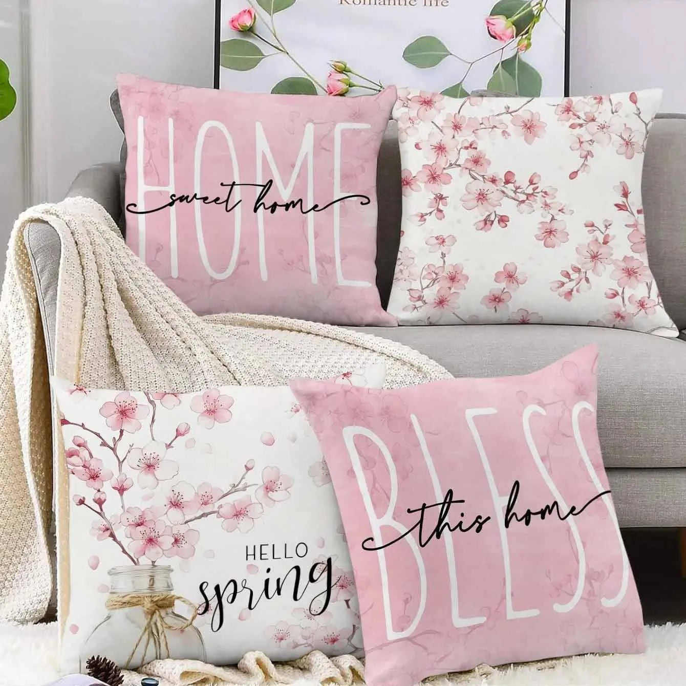 Cherry blossom letter design on a 45cm square short velvet cushion cover