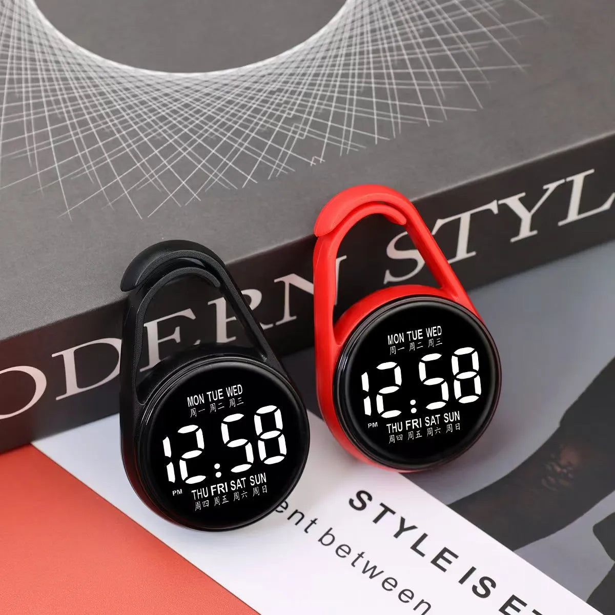 LED digital watch with week display on a plastic strap, shown in multiple colour options.