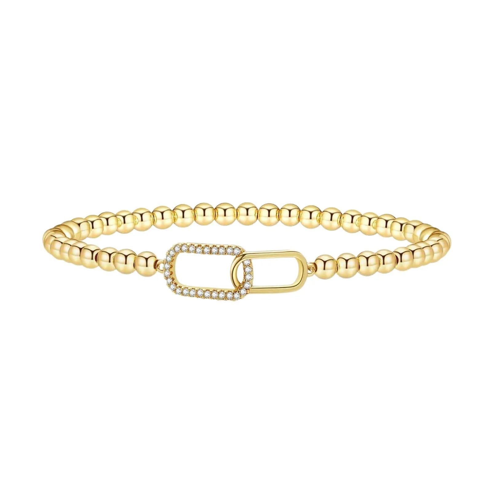 Adjustable stainless steel beaded bracelet with round geometric beads and electroplated finish for women