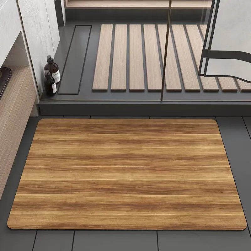 American style square diatom ooze floor mat with wood grain geometric pattern, shown in a bathroom setting.