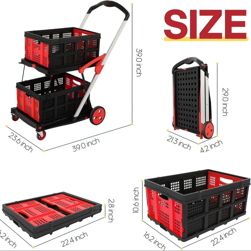 Foldable plastic shopping cart with dual-layer basket in blue colour