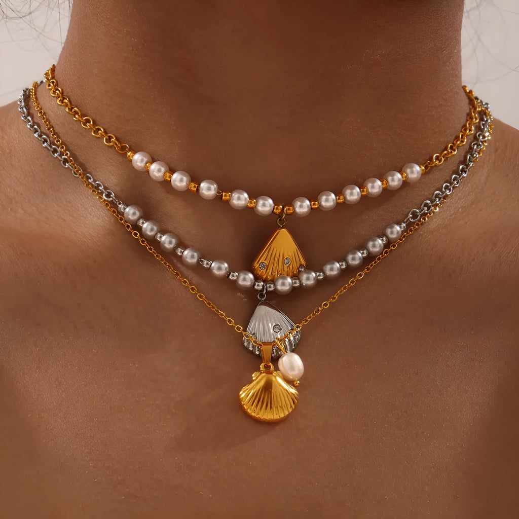 French vintage shell jeweled pendant necklace with titanium steel chain and freshwater pearl bead