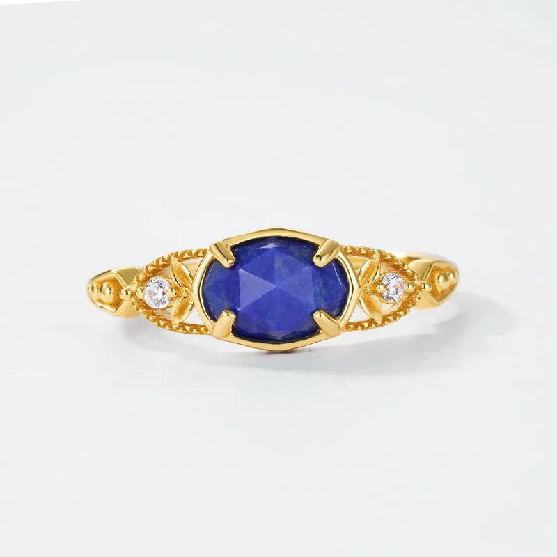 Silver lapis lazuli ring with ellipse stone and geometric Japanese-style design for women