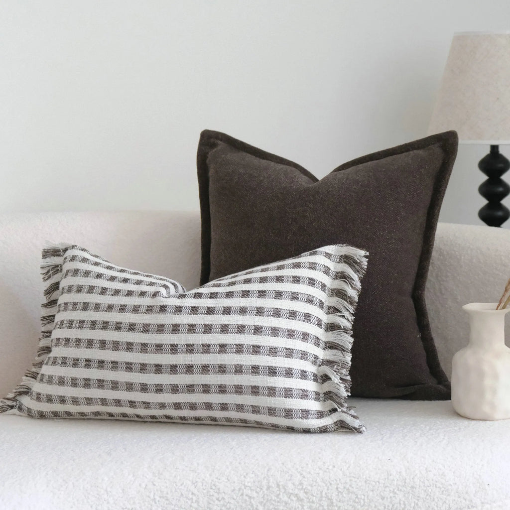 Coffee brown Chinese classical stripe pattern decorative cushion in 30x50cm and 45x45cm sizes.