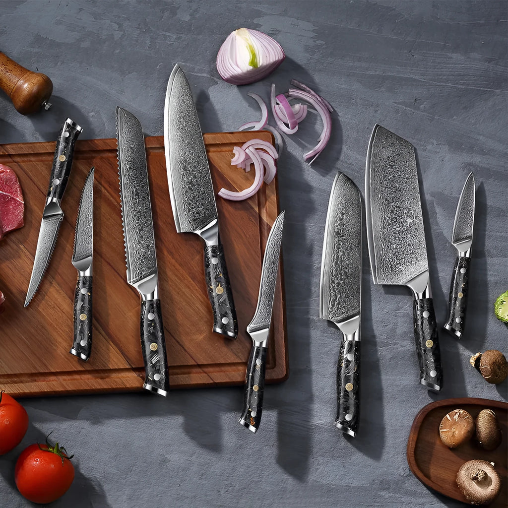 Eight-piece Damascus style kitchen knife set with fishbone pattern and steel core including fruit steak and chef knives