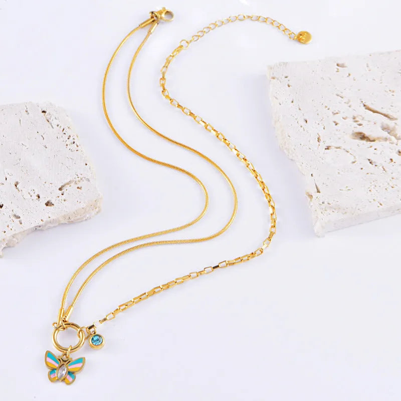 Gold titanium steel butterfly pendant necklace and bracelet set with snake bone chain style for women