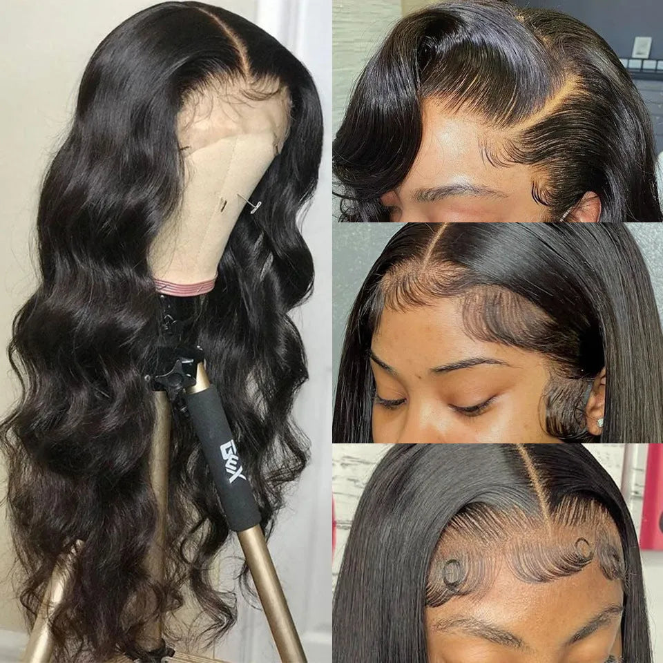 Black synthetic long curly wig with side bangs and a front lace hairline, shown at different lengths.