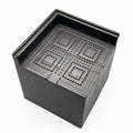 Four black thickened plastic bed foot mats arranged together for furniture height increase and floor protection