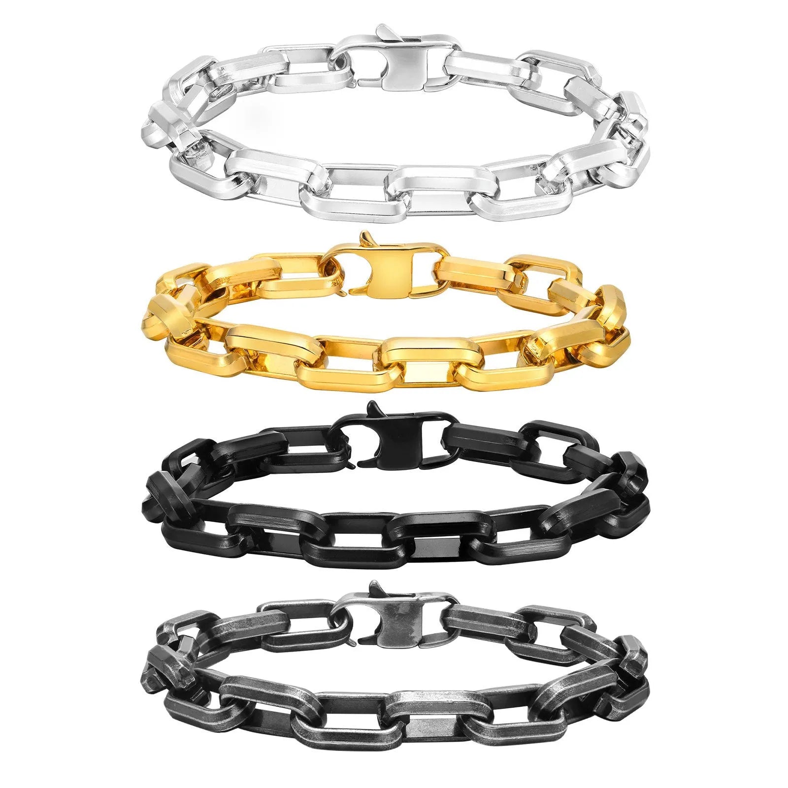 Men's simple square chain titanium steel bracelet in gold finish with clasp.