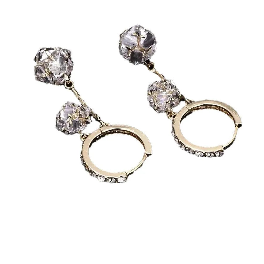Silver confession balloon earrings with double pendant design and rhinestone ball decoration