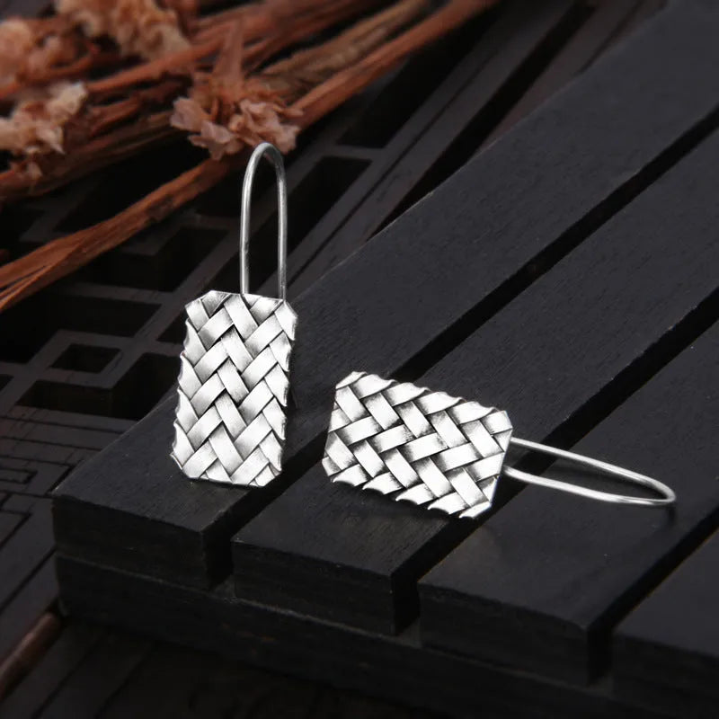 Women's geometric diamond-pattern plaid earrings in 925 silver measuring 17.5mm length
