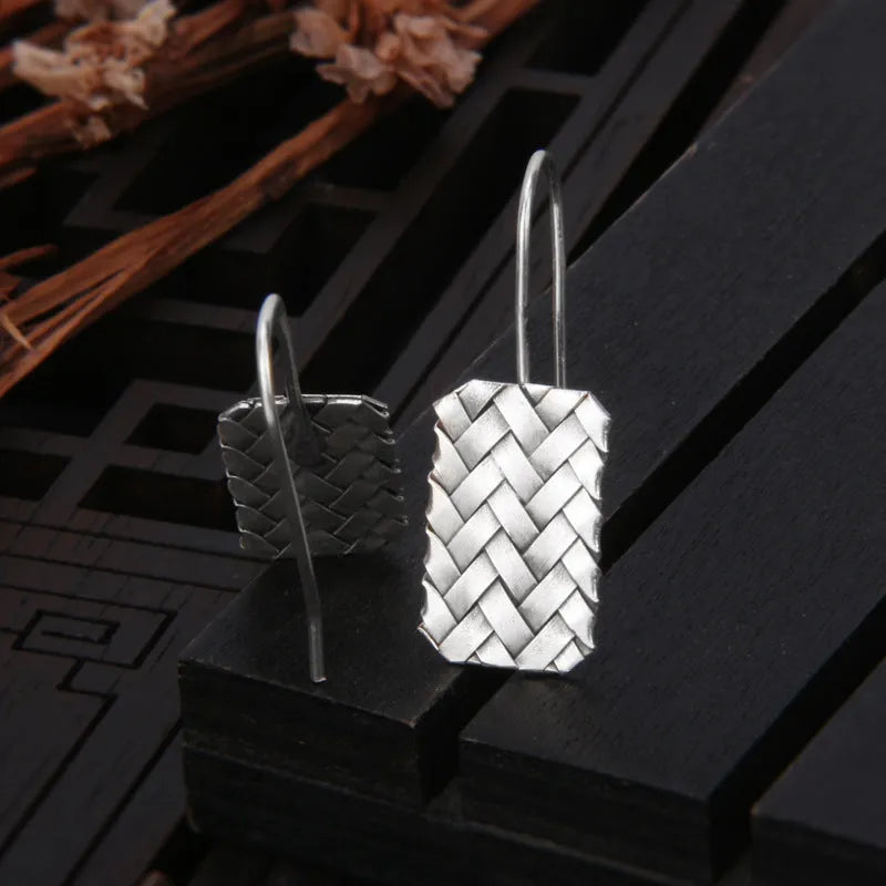 Women's geometric diamond-pattern plaid earrings in 925 silver measuring 17.5mm length