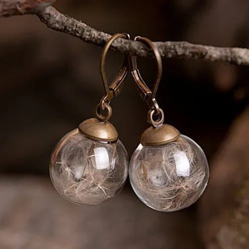 Transparent glass ball earrings with dandelion seed design on a French hook