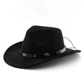 Brown leather cowboy hat with curved brim and conical crown on wooden surface