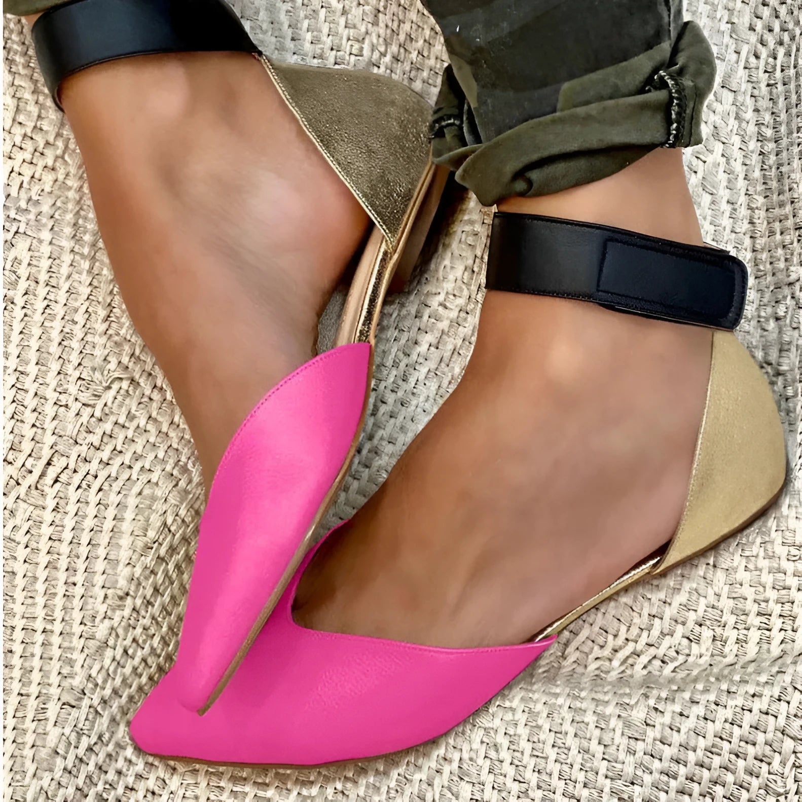 Women's flat velcro sandals with hollowed design in beige colour
