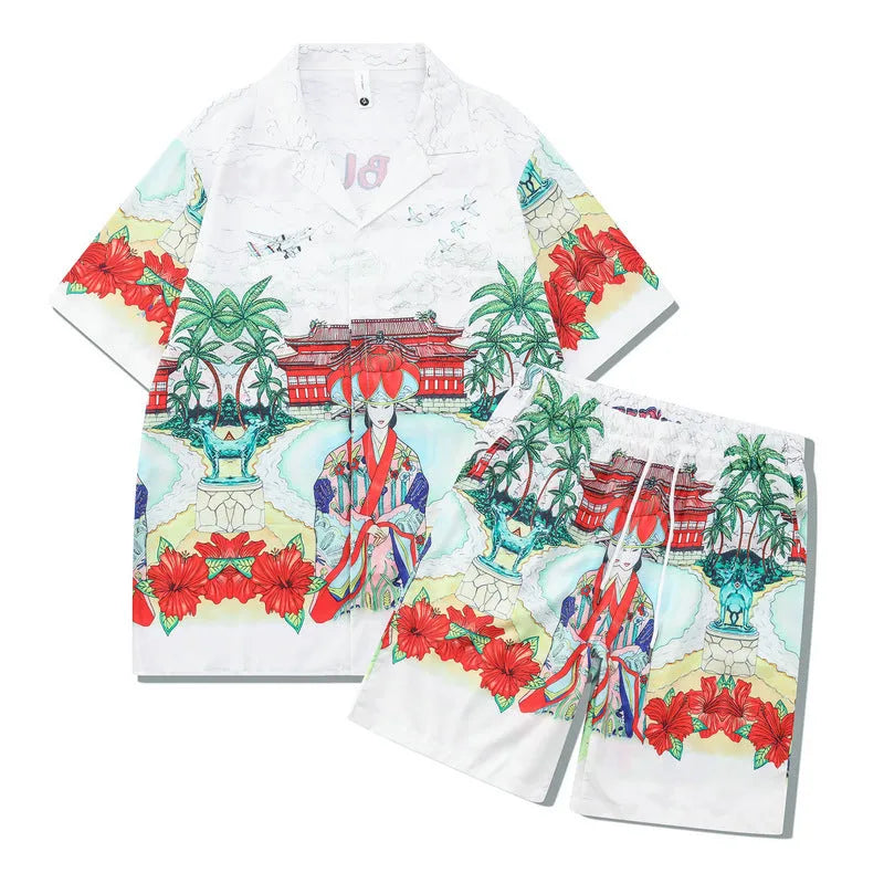 Men's plaid print beach outfit set with short sleeve shirt and pants on a hanger.