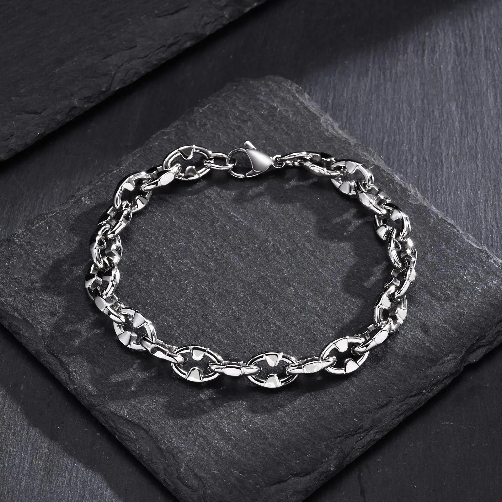 Men's thick stainless steel handmade chain bracelet in steel colour with geometric links