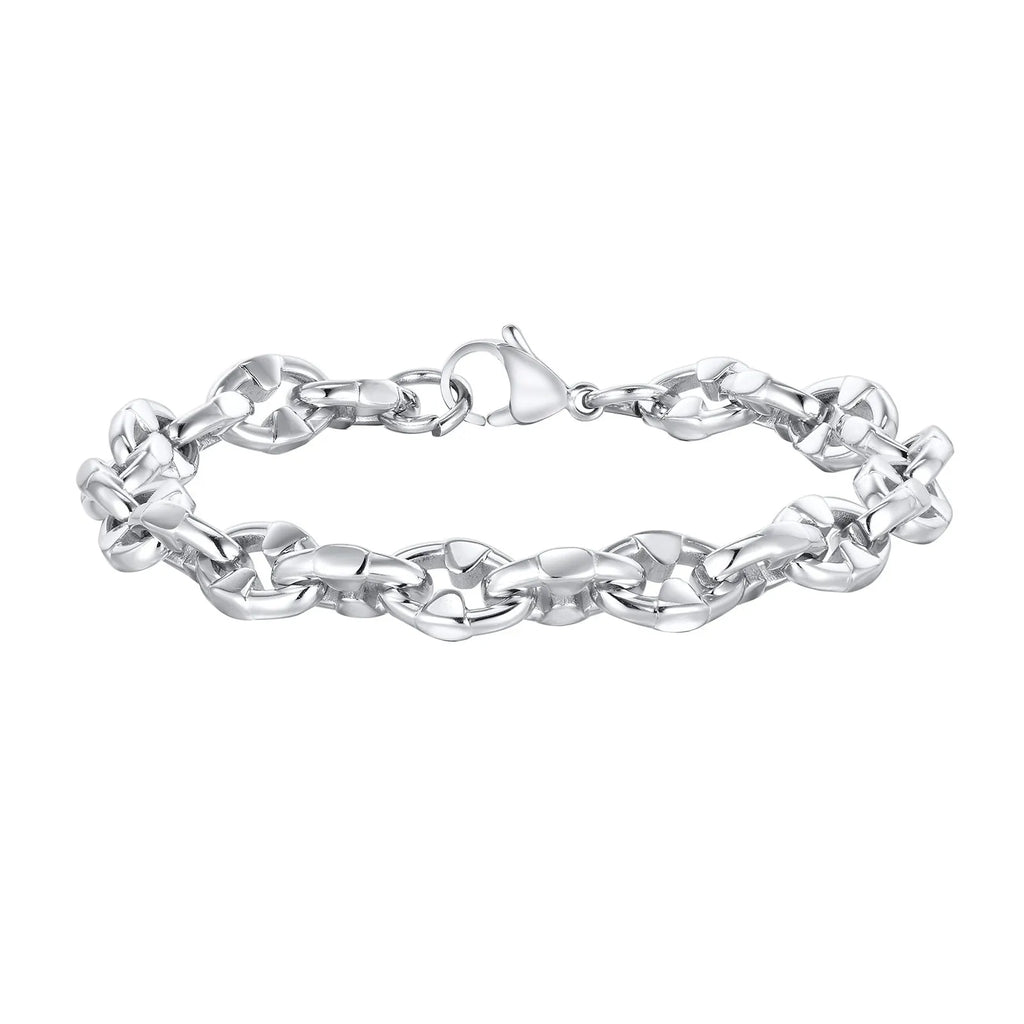 Men's thick stainless steel handmade chain bracelet in steel colour with geometric links