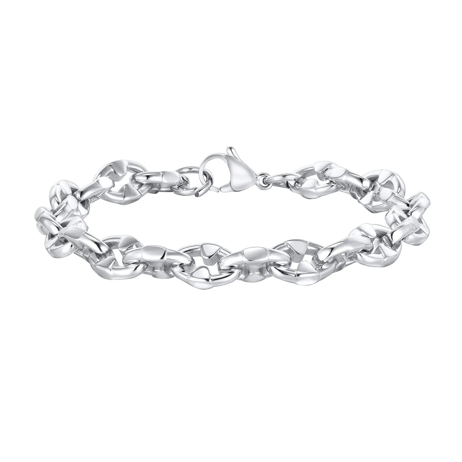 Men's thick stainless steel handmade chain bracelet in steel colour with geometric links