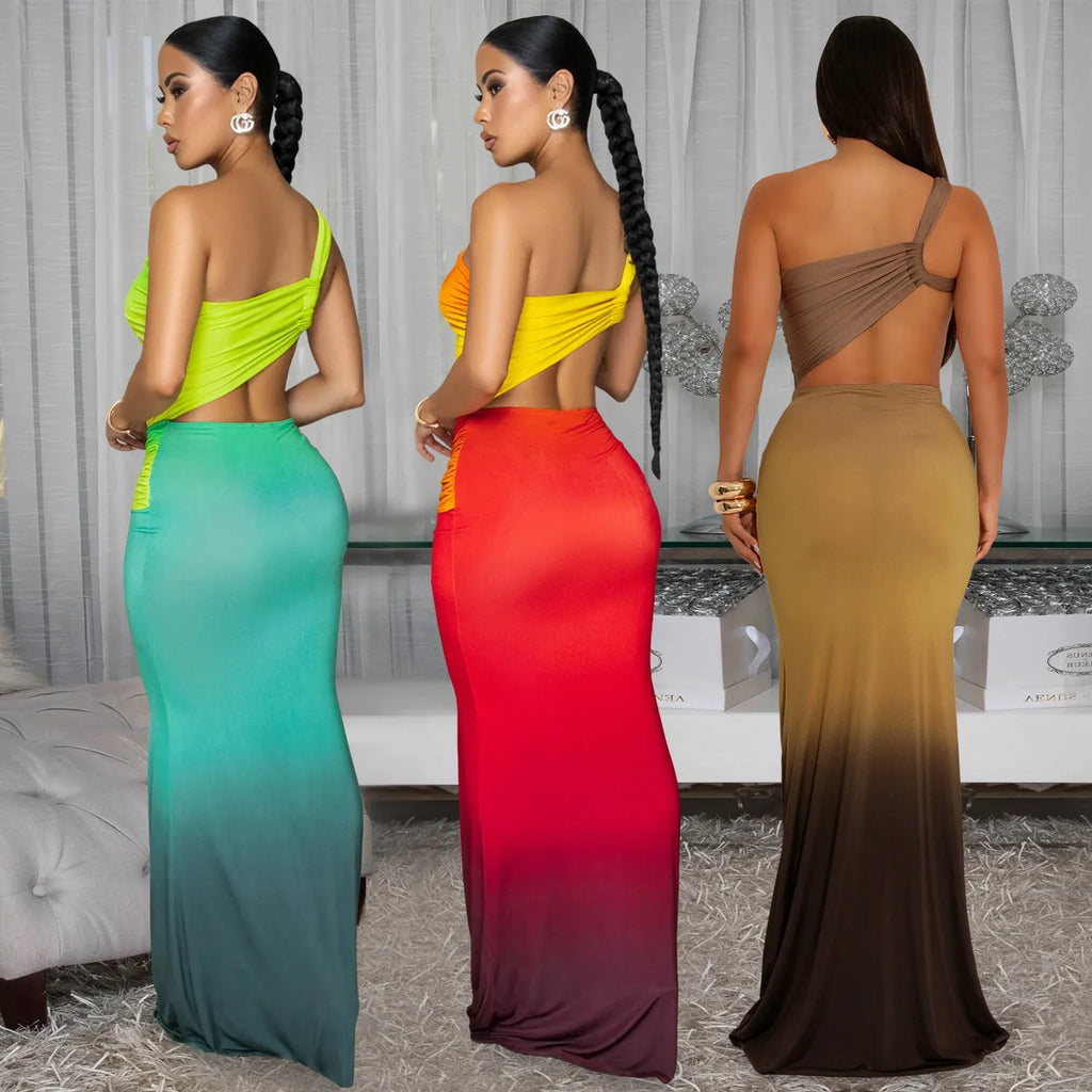 Women's gradient colour cross-shoulder sleeveless dress with a high-waisted long skirt.