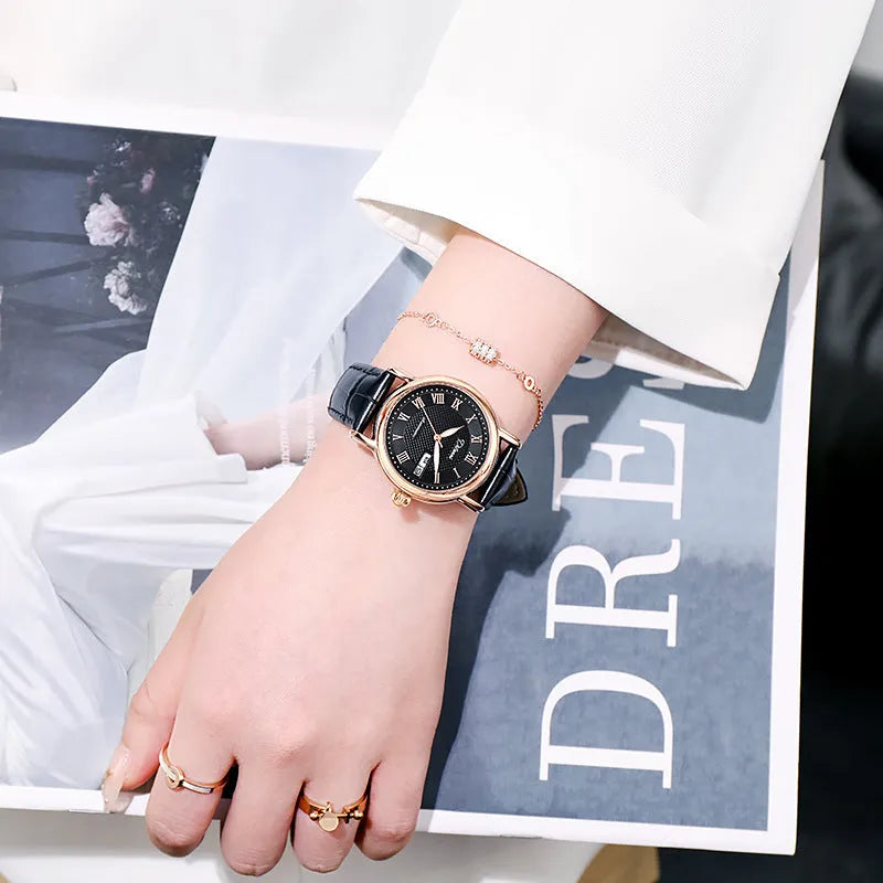 Women's automatic mechanical watch with steel bracelet or leather strap options in multiple colours