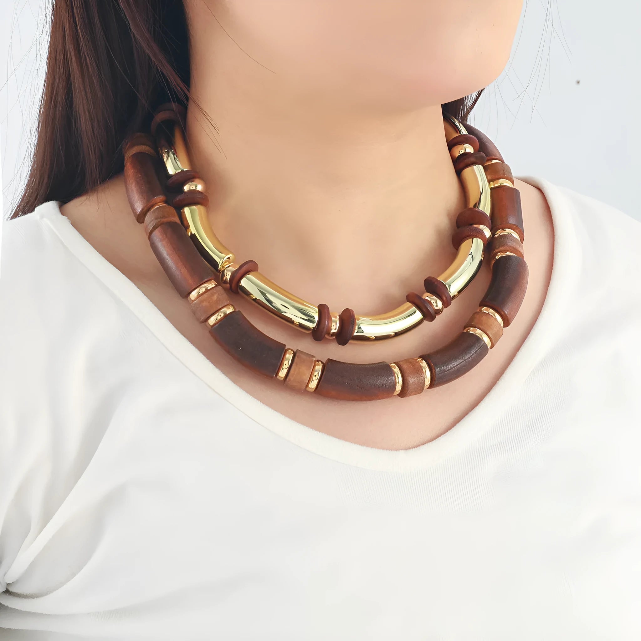Women's alloy multi-layer wooden necklace and bracelet set with round pendants