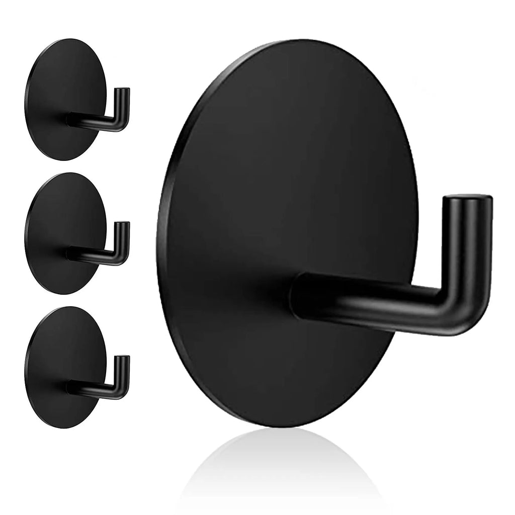 Round stainless steel self-adhesive wall hook in black and polished finish for bathroom and kitchen storage