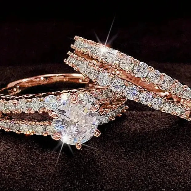 2 in 1 fully jewelled female ring set in geometric design with diamond treatment, shown in silver, gold, and rose gold colours