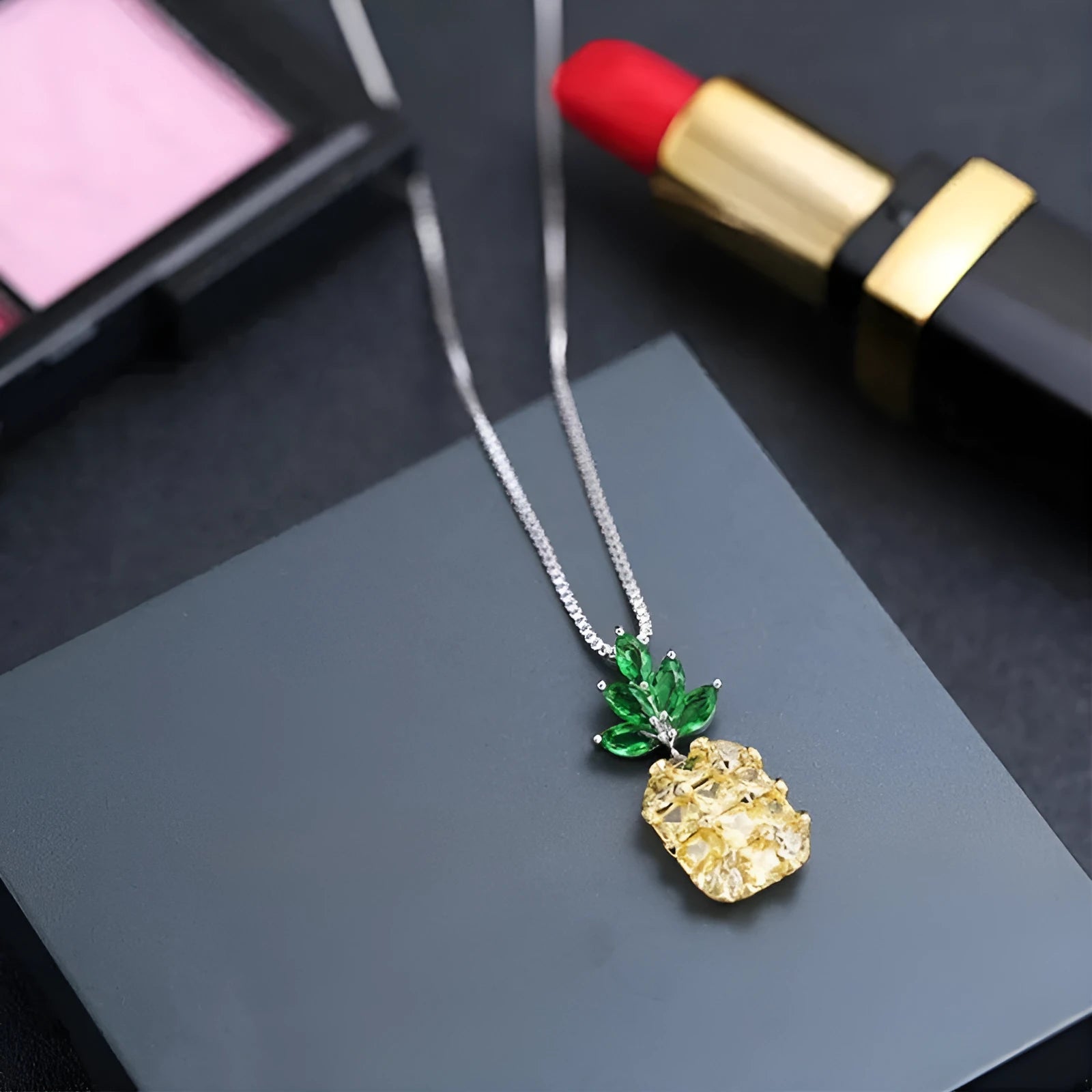 Geometric pineapple diamond pendant necklace on silver plated chain with copper white gold finish