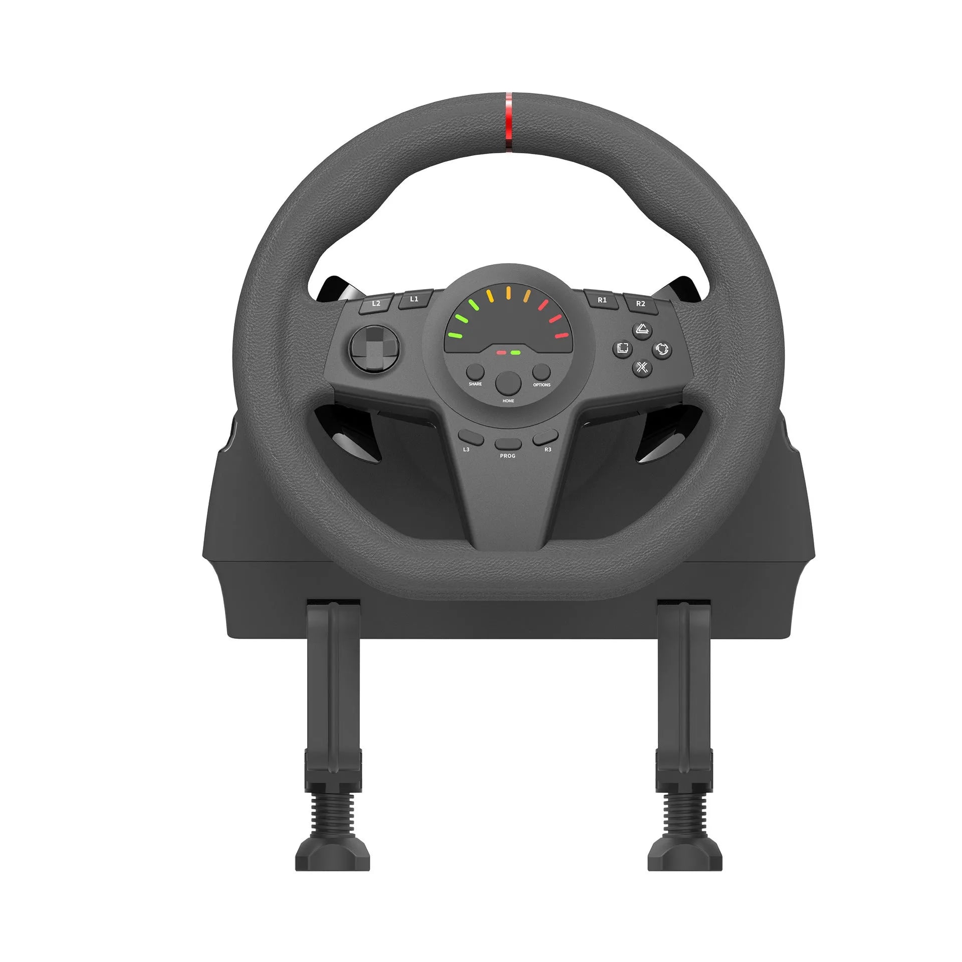 Black multi-platform gaming steering wheel with two pedals and mounting bracket for PC and consoles