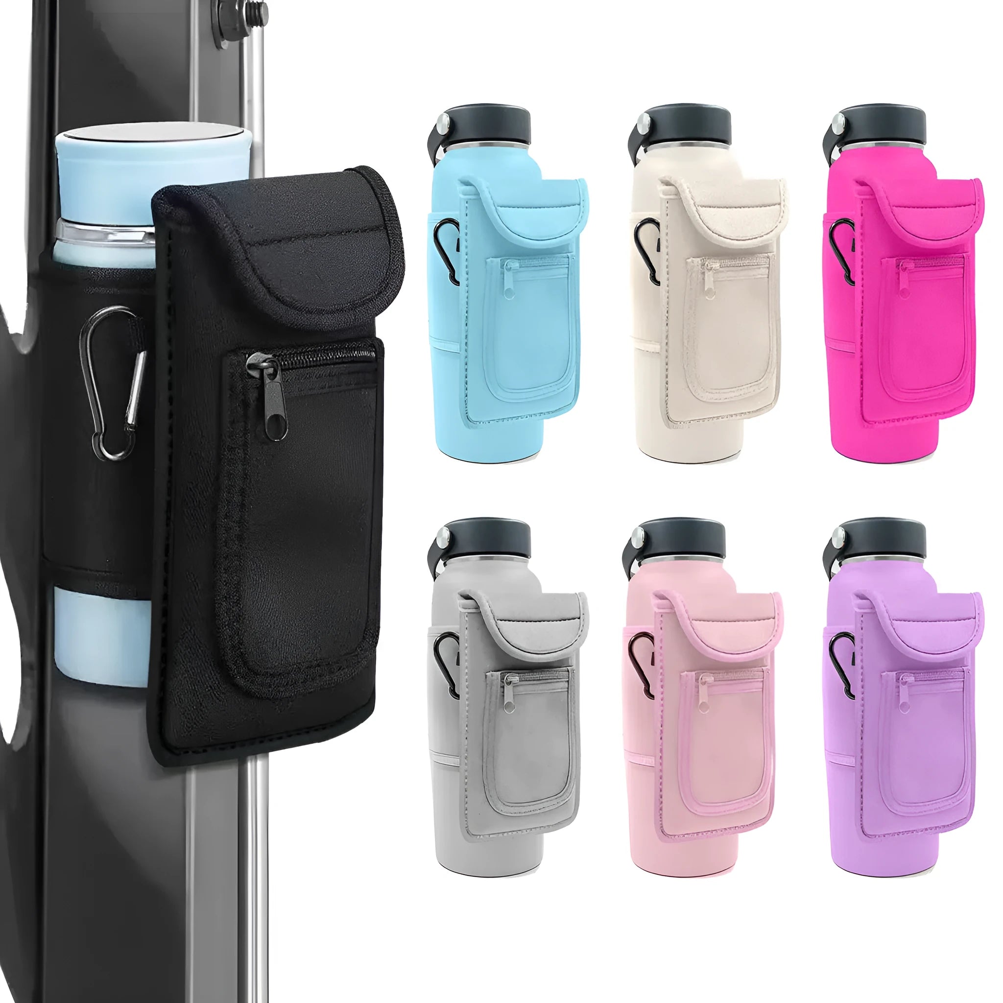 Cloth bottle sleeve with magnetic closure next to one with a carabiner clip, in various colours.