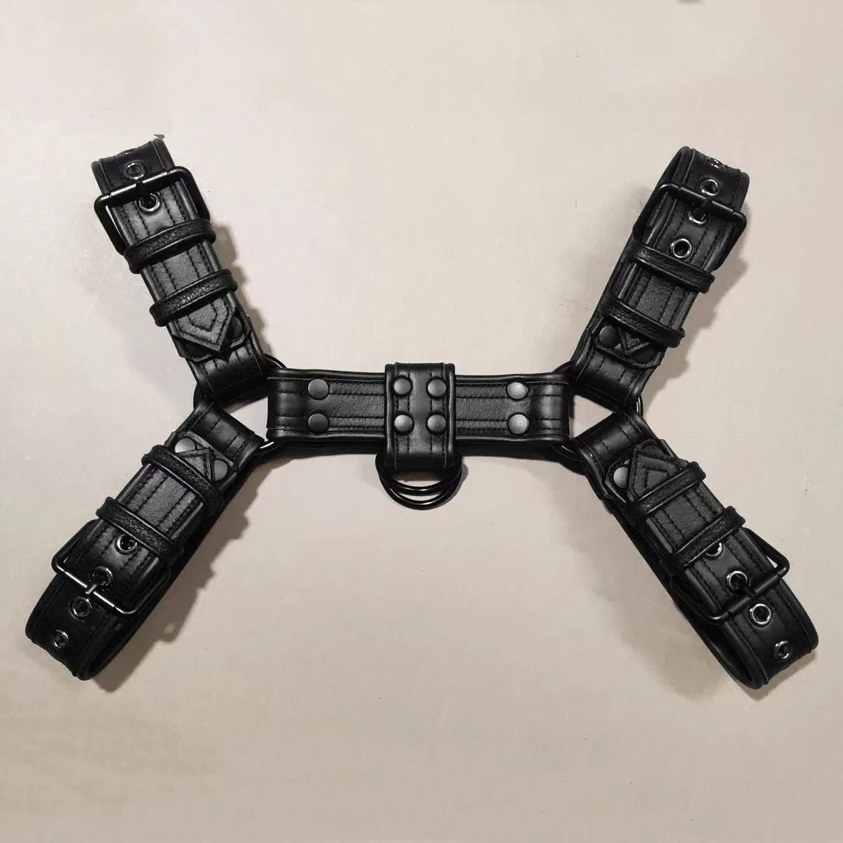 Black leather men's chest harness with metal buckle closures adjustable for 85-115 cm torso