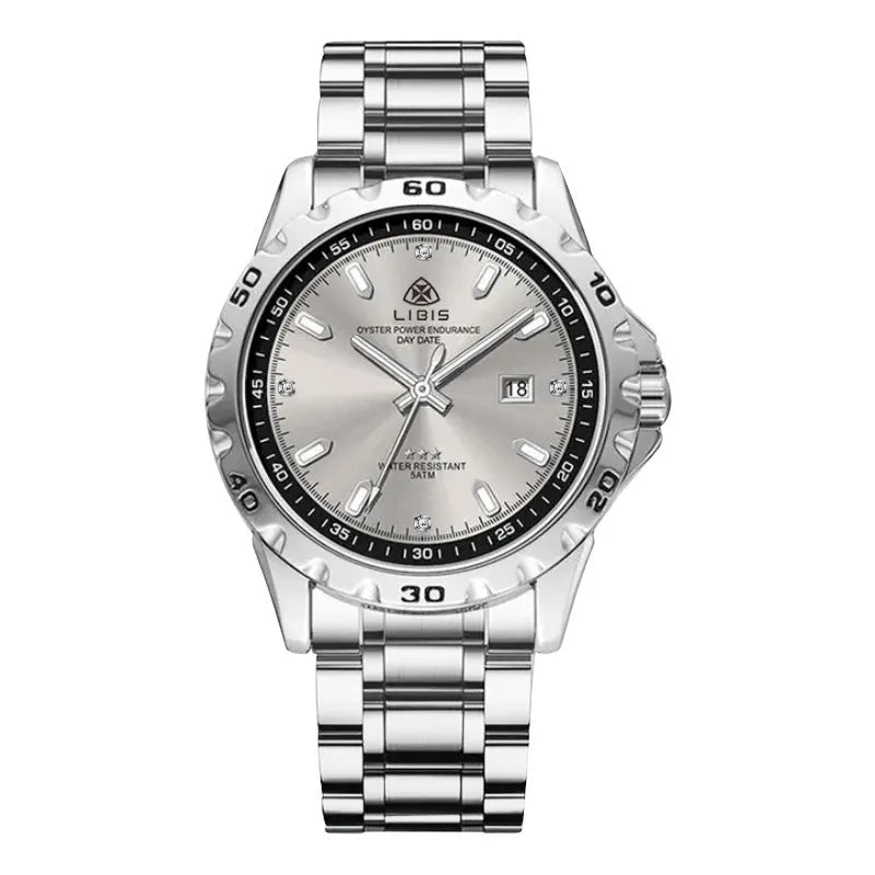 Men's silver case watch with sapphire crystal glass and stainless steel strap